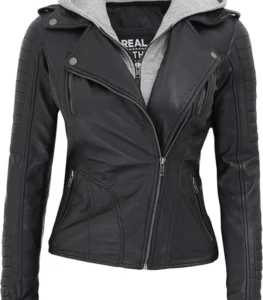bagheria black women leather jacket with hood