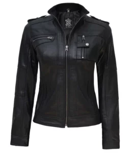 tavares women black leather moto jacket
