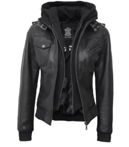 women black leather bomber jacket with removable hooded