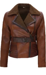 women brown shearling collar leather jacket black Friday