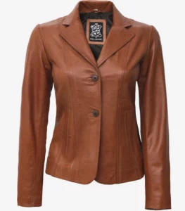 women wide lapel two button tan leather blazer