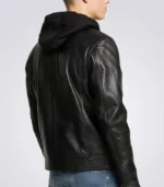 BLack hooded leather jacket men