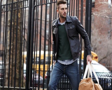 Biker-leather-jacket-with-green-sweater-what-men-should
