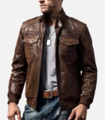 Biker retro Brown Slim fit Genuine Leather jacket