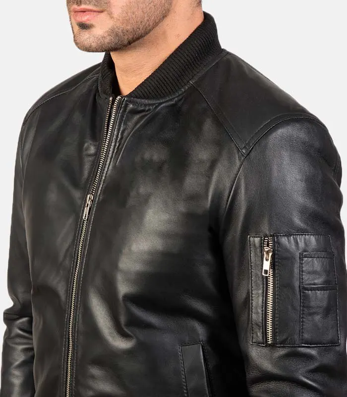 Black bomber leather jacket men