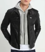Black hooded leather jacket for men