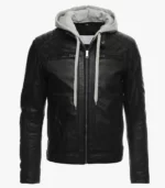 Black hooded leather jacket for men