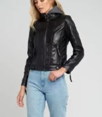 Black leather jacket with removeable hood