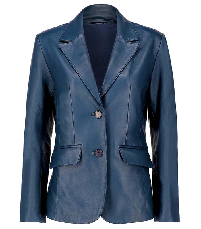 Blue leather blazer for women