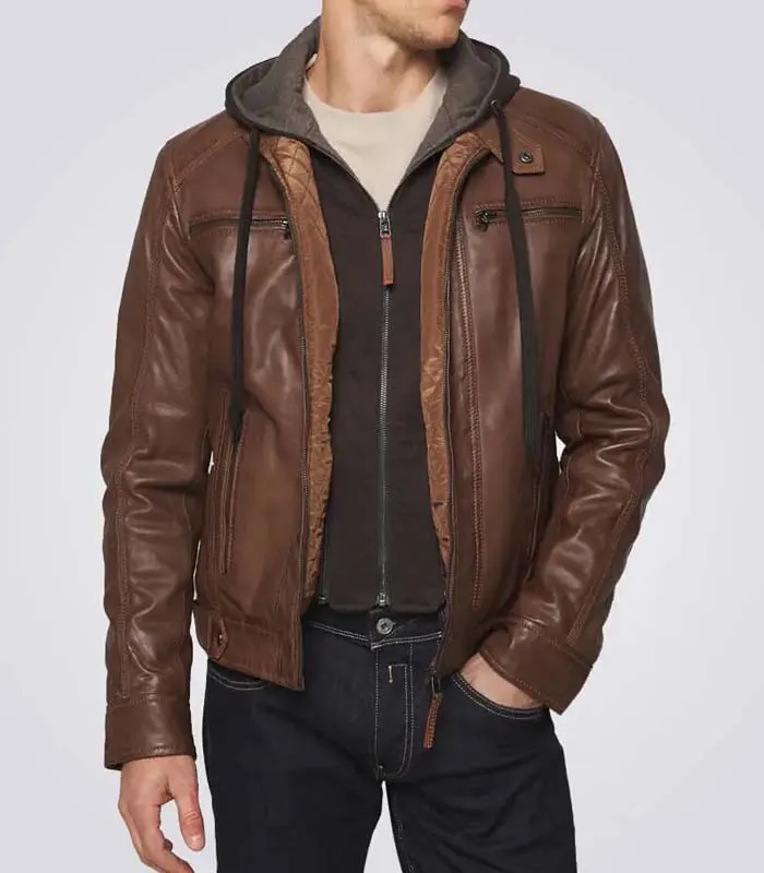 Brown Hooded Leather jacket men