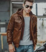 Brown Hooded Moto leather jacket men
