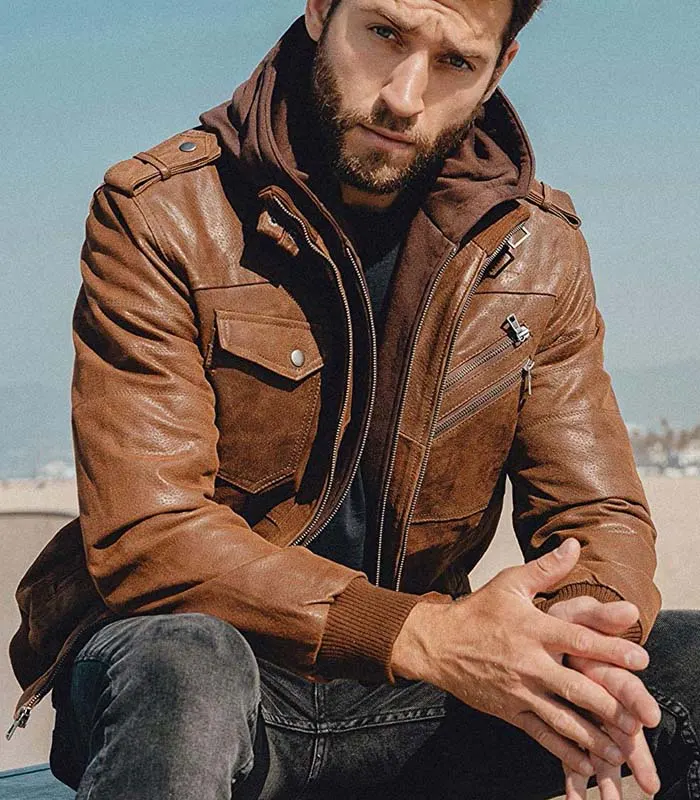 Brown leather jacket for men with removable hood