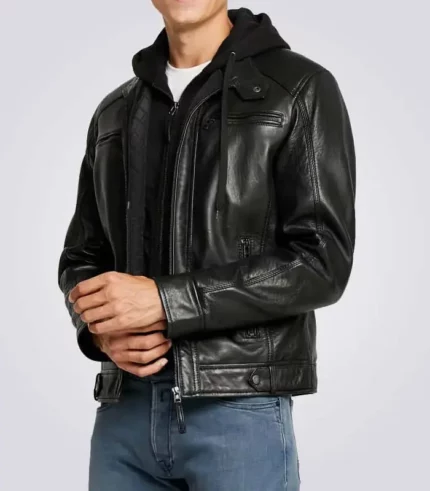 Leather Jacket men with black hood