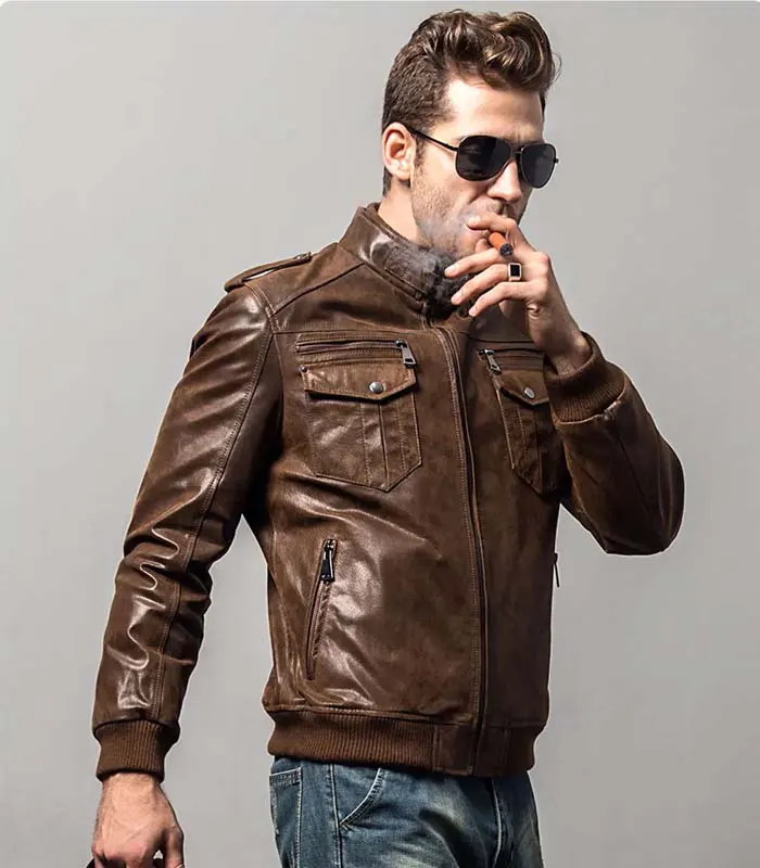 Men Biker retro Brown Slim fit Genuine Leather jacket