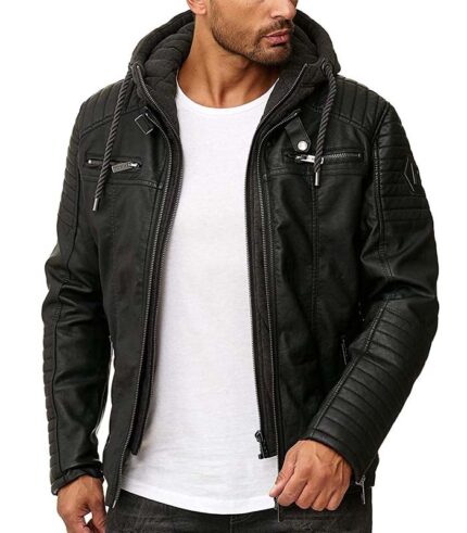 Mens Real Black Leather Jacket Removable Hoodie