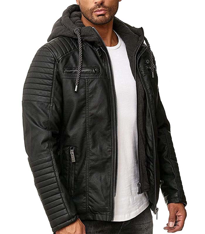 Mens Real Leather Jacket Transition Biker Jacket with Hooded