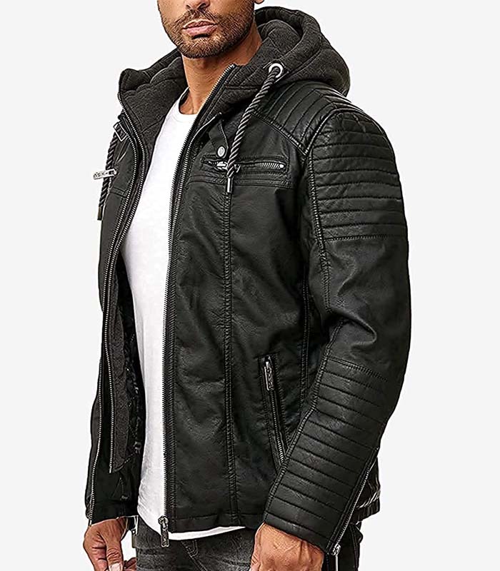 Motorcycle leather jacket with removeable hood