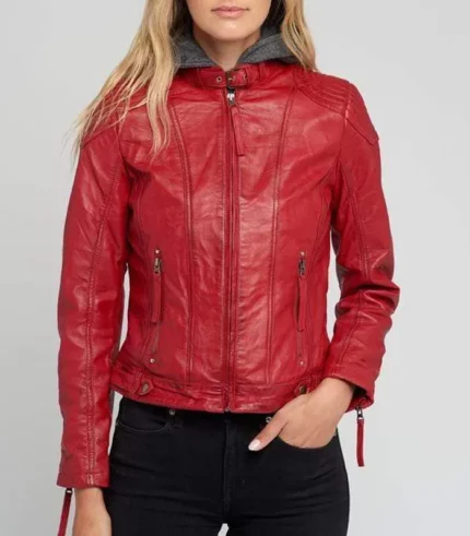 Red Removable Hooded Leather Jacket