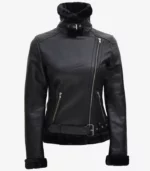 Women black Shearling bomber leather jacket