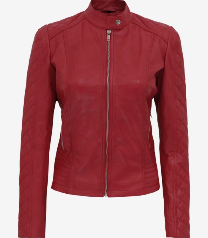 andria ladies red leather quilted biker jacket