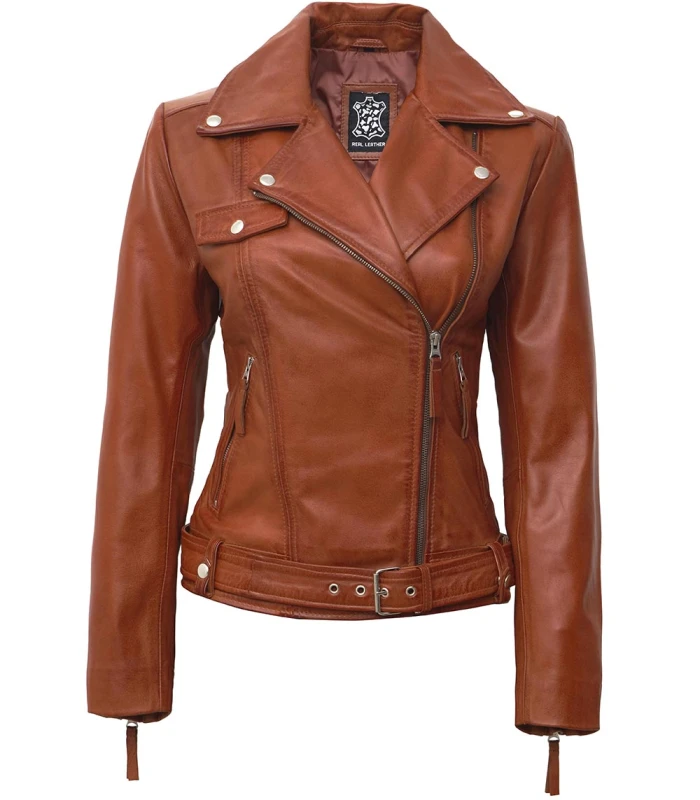 angela womens tan asymmetrical leather moto jacket