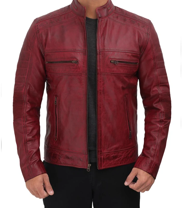 austin maroon cafe-racer distressed leather jacket mens