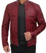 austin maroon cafe-racer distressed leather jacket mens