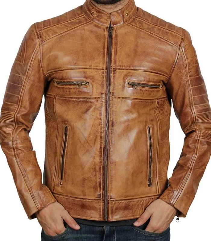 austin mens cafe racer distressed lambskin tan leather jacket