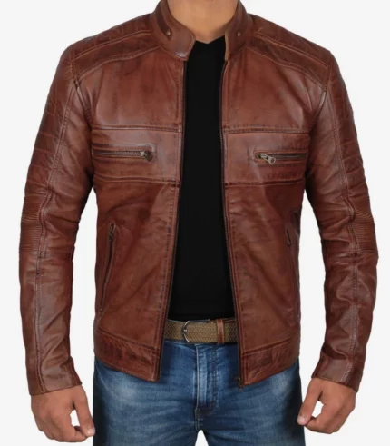 austin mens distressed brown leather cafe racer jacket