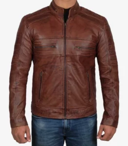 austin men distressed brown leather cafe racer jacket