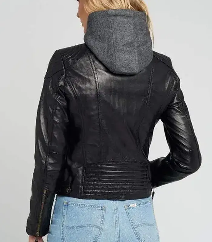 women black Hooded leather jacket