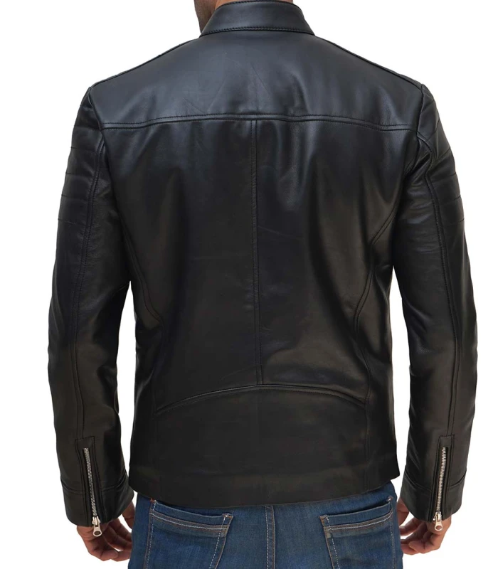 black leather cafe racer jacket with snap button collar