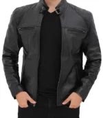 black mens leather cafe racer jacket with snap button collar