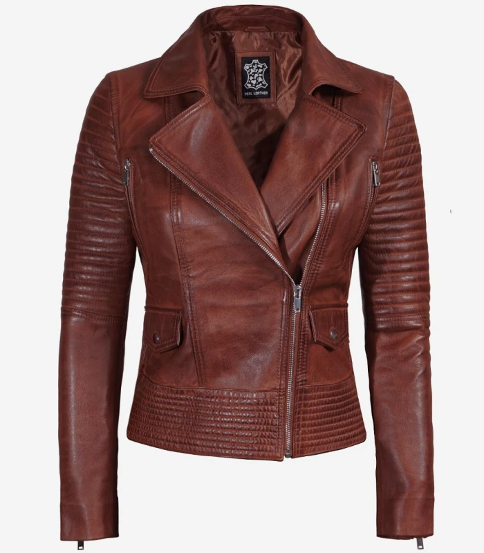 brown asymmertical leather biker jacket women