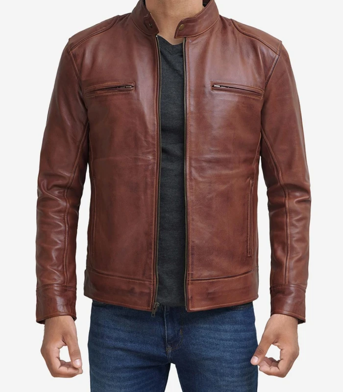 brown cafe racer motorcycle mens distressed leather jacket