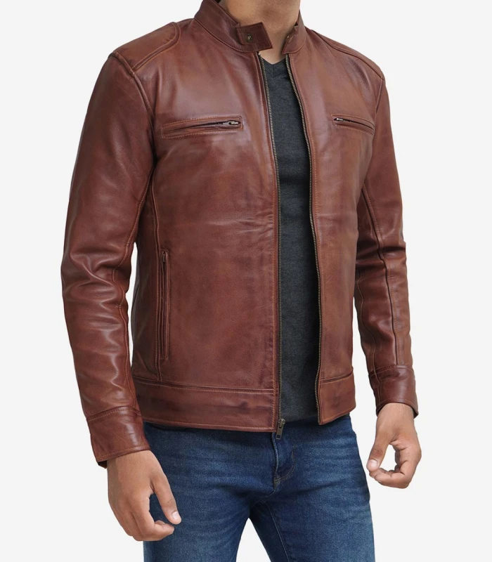 brown cafe racer motorcycle mens distressed leather jacket