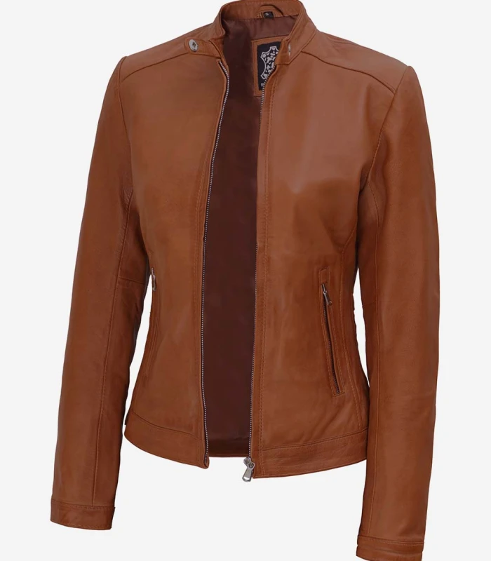 calgary ladies cognac leather biker jacket