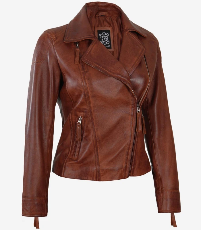cognac asymmetrical hand waxed leather biker jacket women