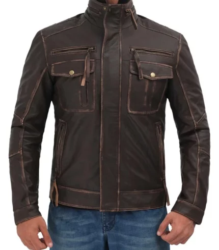 dark brown mens distressed six pocket vintage leather jacket