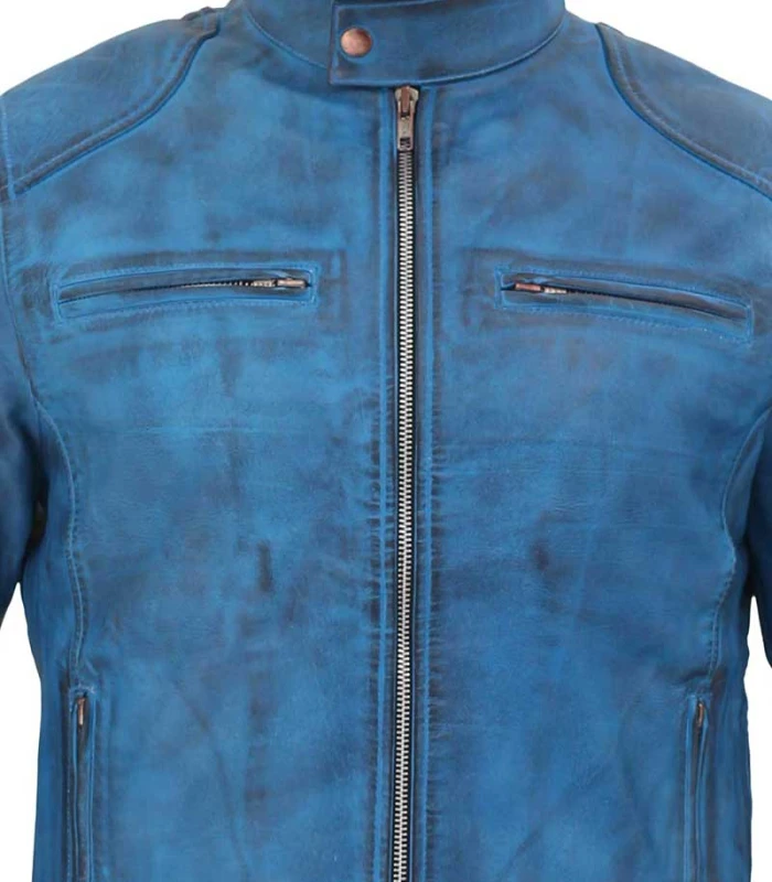 dodge leather cafe racer sky blue biker jacket