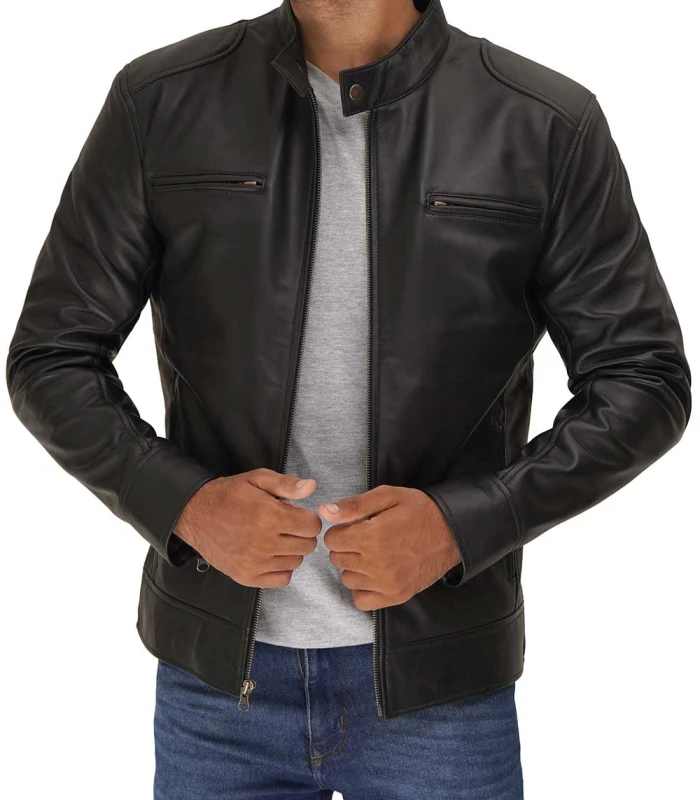 dodge mens black cafe racer leather jacket