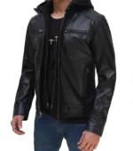 dodge mens black cafe racer leather jacket with removable hood