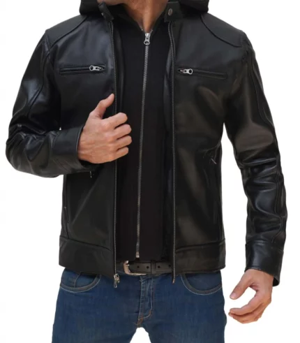 dodge mens black cafe racer leather jacket with removable hood