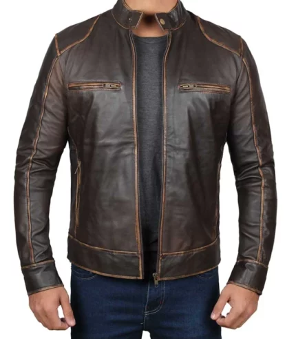 dodge vintage brown leather cafe racer jacket