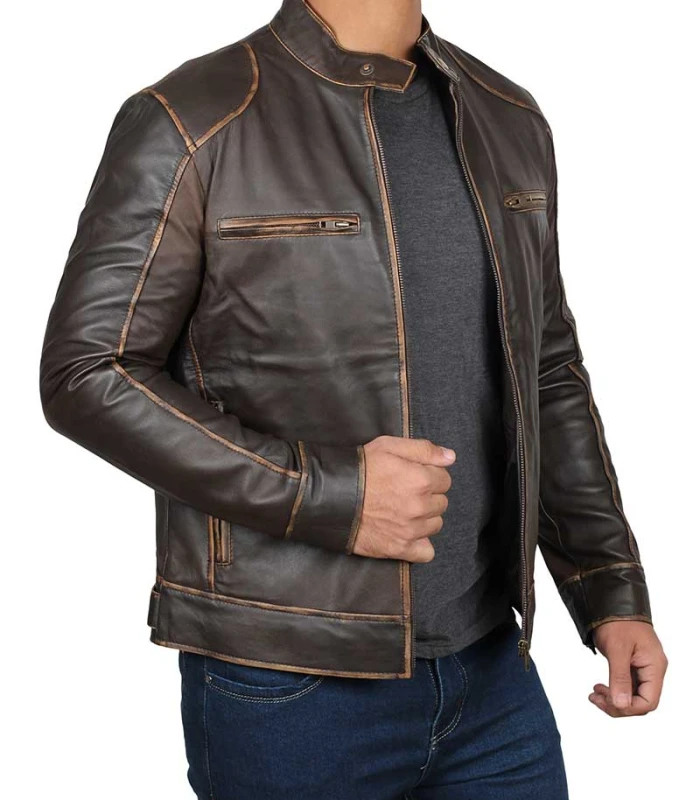 dodge vintage brown leather cafe racer jacket