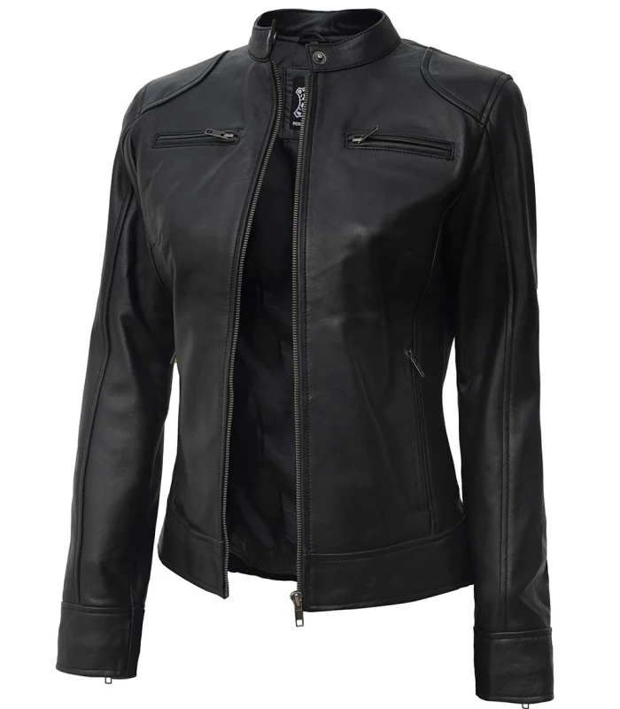 dodge womens black real leather moto jacket