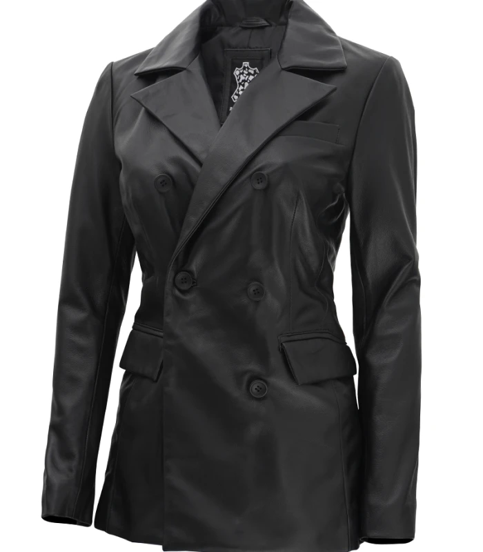 double breasted black leather coat women