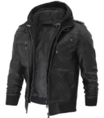 edinburgh mens black leather jacket with removable hood