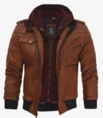 edinburgh mens brown leather bomber jacket with removable hood