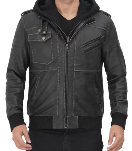 edinburgh mens grey leather bomber jacket with removable hood